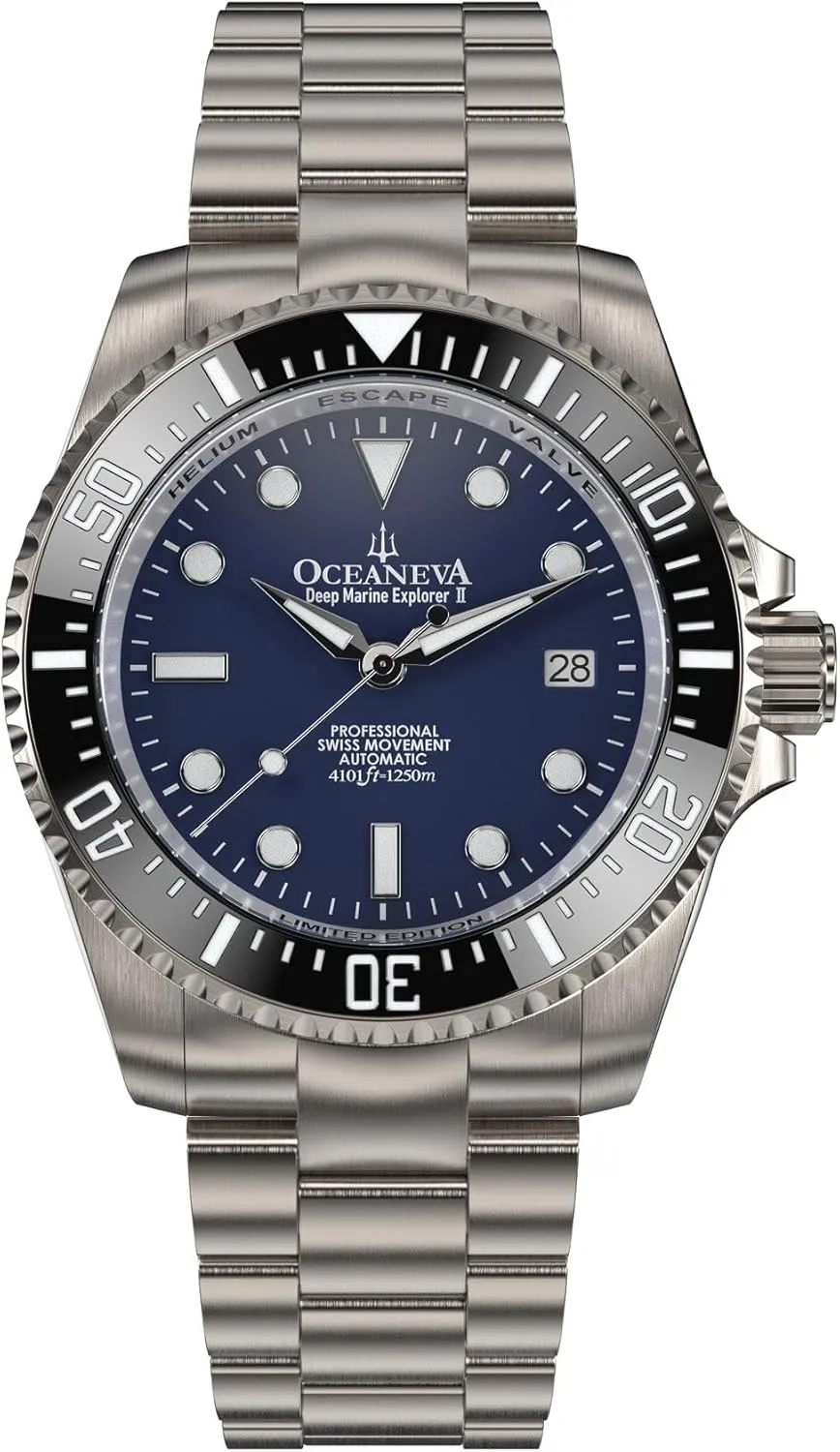 Automatic Movement Watches Oceaneva? Men's Deep Marine Explorer II 1250M Titanium Watch Navy Blue fraction advocate Diver Watch - 42 mm Screw Down Case Back - 1250M Water Resistance - Gold Plated Swiss Made 