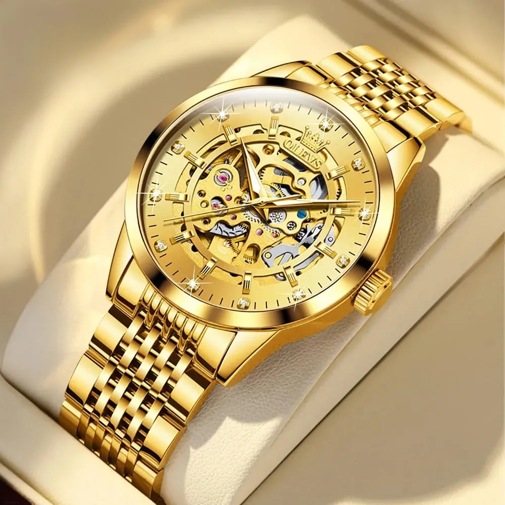 Automatic ordeal Mechanical Wristwatch Waterproof Luminous Watch for Man Fashion Luxury Men's Watches Golden Hollow DIal 