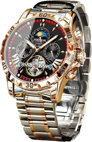 Automatic Self-Wind Wristwatch Waterproof Luminous Business Dress Watch with Stainless Steel Band FANMIS Men's unpredictably fuller assembly strong Gold Luxury Mechanical Watch Moon Phase Tourbillon 