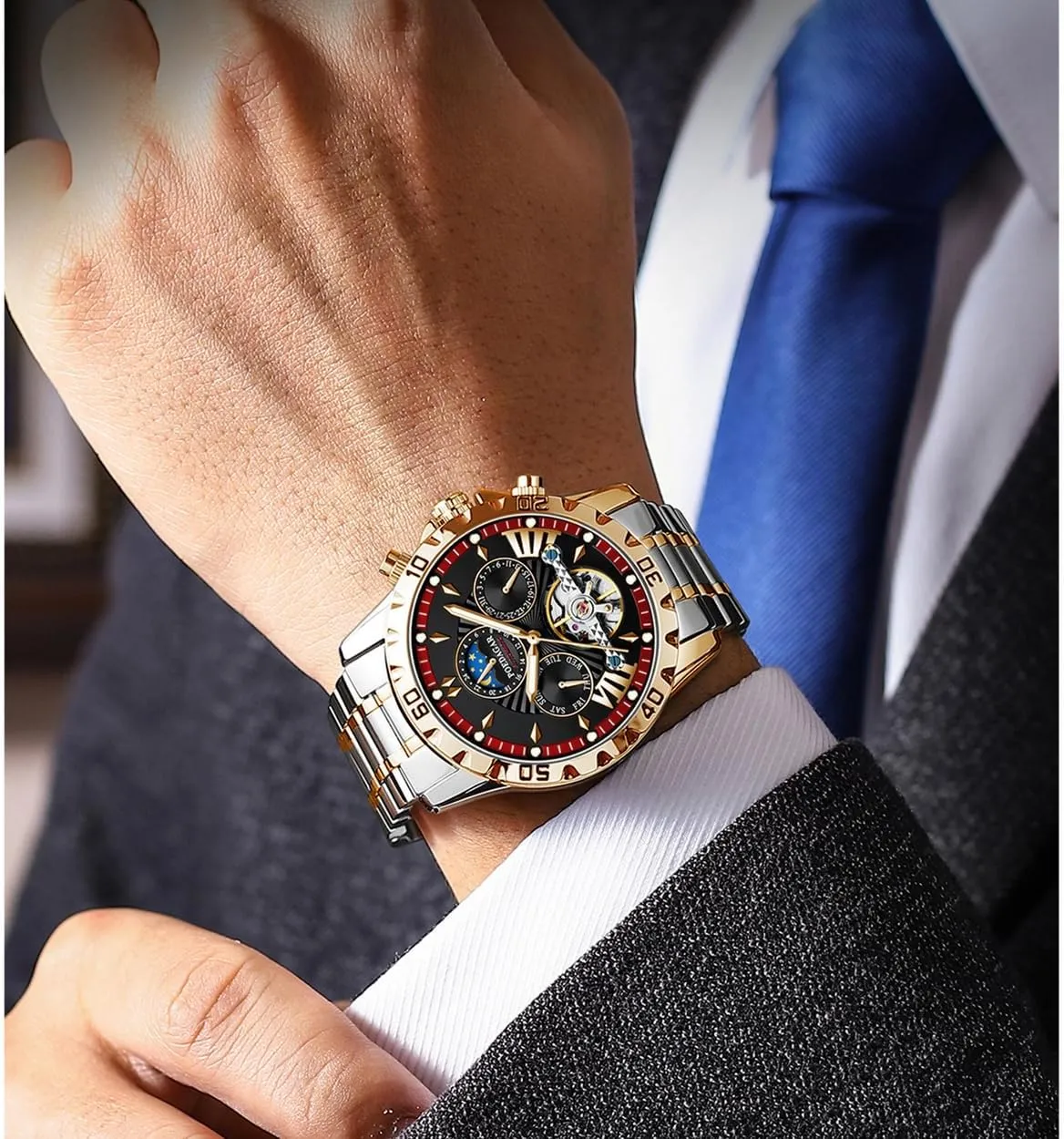 Automatic Self-Wind Wristwatch Waterproof Luminous Business Dress Watch with Stainless Steel Band FANMIS Men's unpredictably fuller assembly strong Gold Luxury Mechanical Watch Moon Phase Tourbillon 