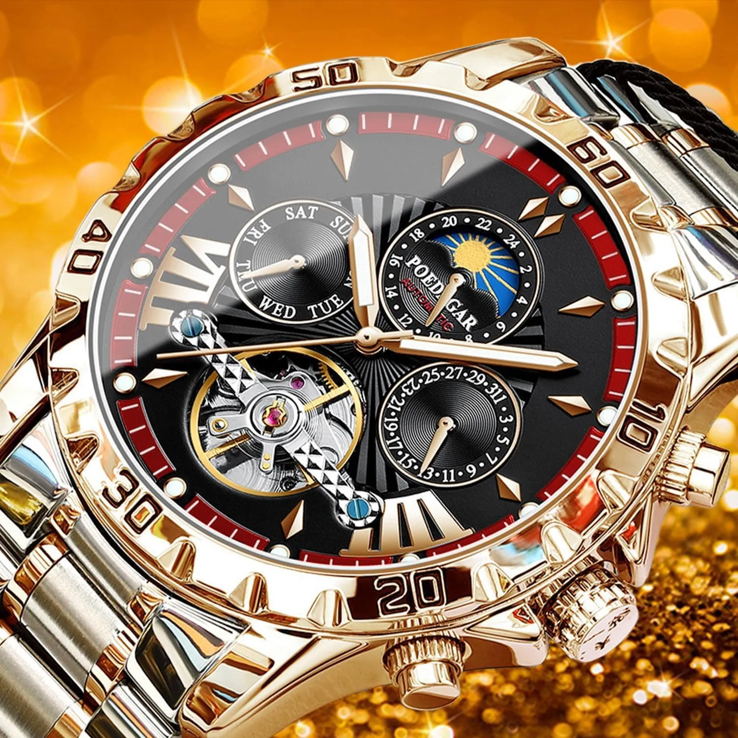 Automatic Self-Wind Wristwatch Waterproof Luminous Business Dress Watch with Stainless Steel Band FANMIS Men's unpredictably fuller assembly strong Gold Luxury Mechanical Watch Moon Phase Tourbillon 