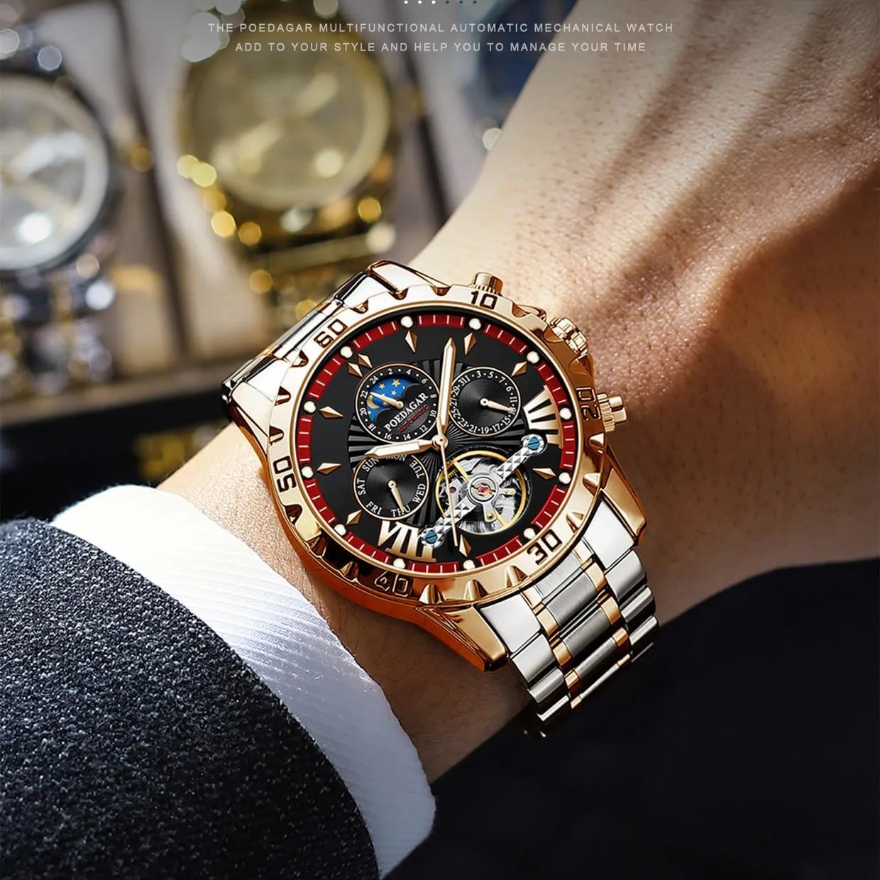 Automatic Self-Wind Wristwatch Waterproof Luminous Business Dress Watch with Stainless Steel Band FANMIS Men's unpredictably fuller assembly strong Gold Luxury Mechanical Watch Moon Phase Tourbillon 
