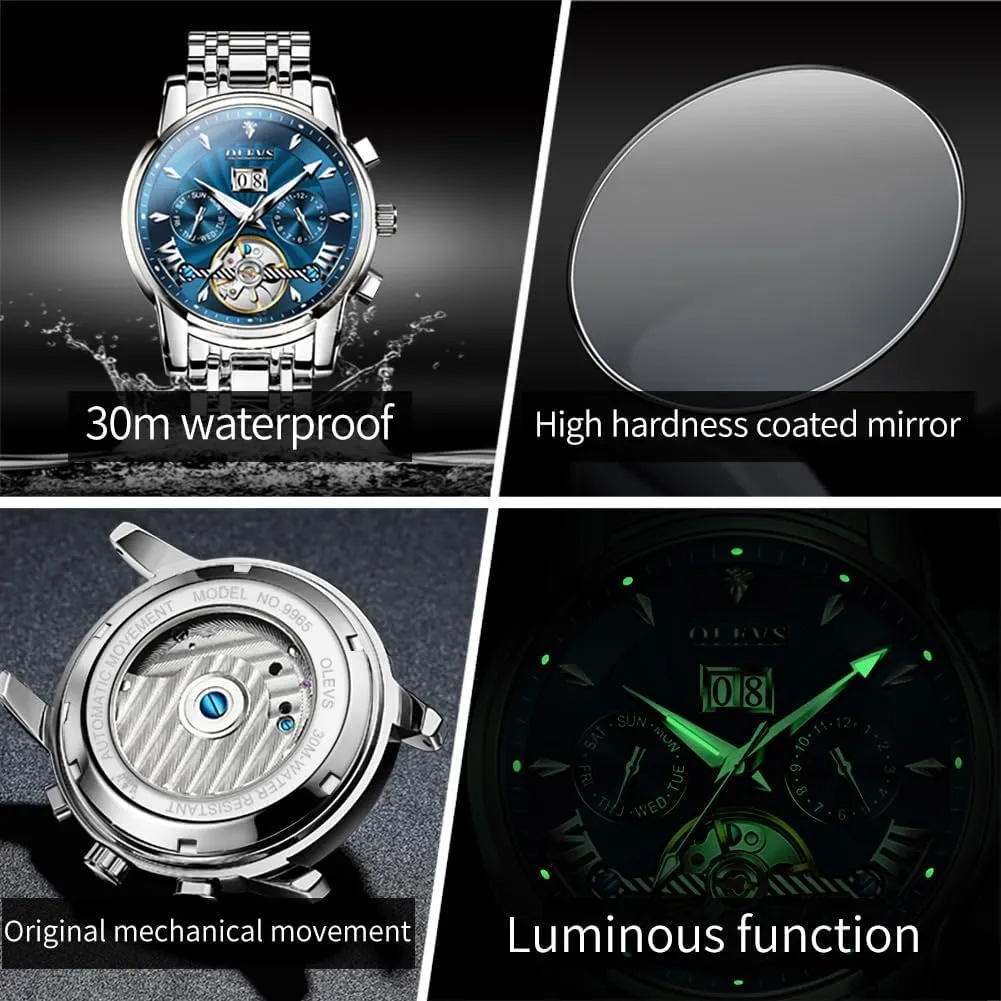 Automatic Self Winding Watches for Men Stainless Steel Mechanical Diver Large Dial Skeleton Classic Waterproof Diamond Date Men's Wrist Watches Relojes para Hombres original OLEVS Watch Men 