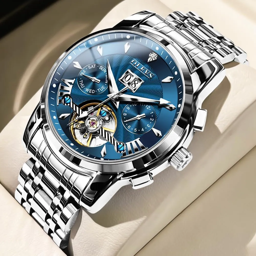 Automatic Self Winding Watches for Men Stainless Steel Mechanical Diver Large Dial Skeleton Classic Waterproof Diamond Date Men's Wrist Watches Relojes para Hombres original OLEVS Watch Men 