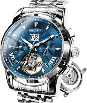 Automatic Self Winding Watches for Men Stainless Steel Mechanical Diver Large Dial Skeleton Classic Waterproof Diamond Date Men's Wrist Watches Relojes para Hombres original OLEVS Watch Men 