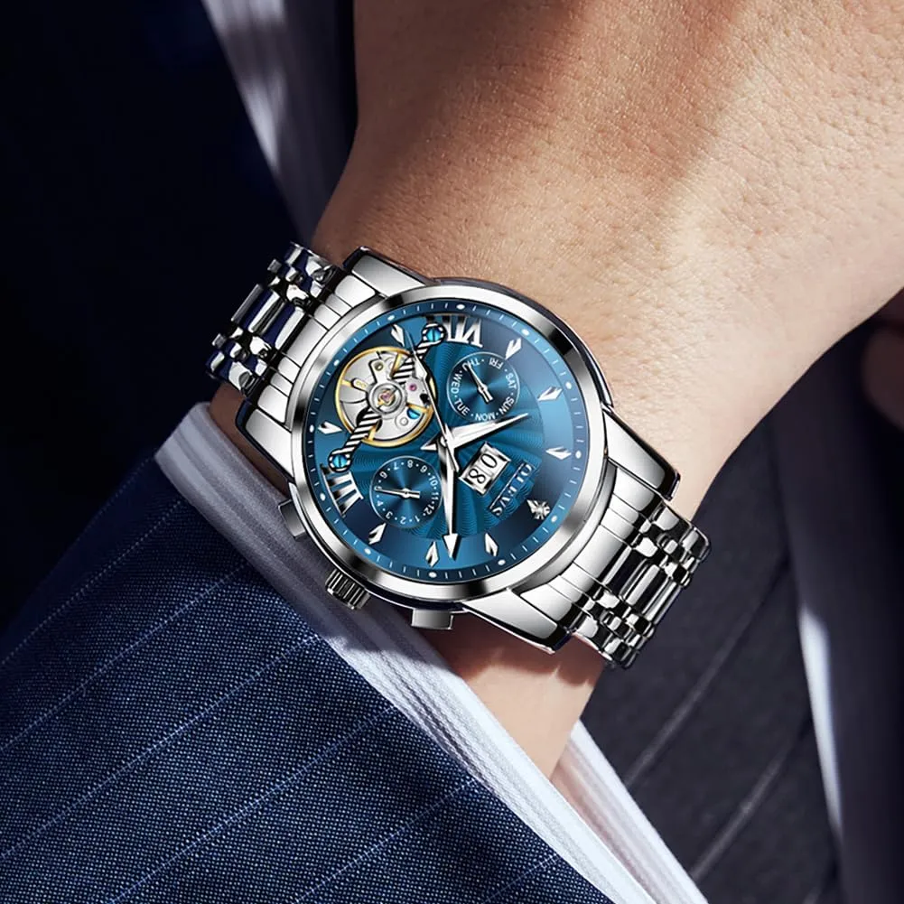 Automatic Self Winding Watches for Men Stainless Steel Mechanical Diver Large Dial Skeleton Classic Waterproof Diamond Date Men's Wrist Watches Relojes para Hombres original OLEVS Watch Men 
