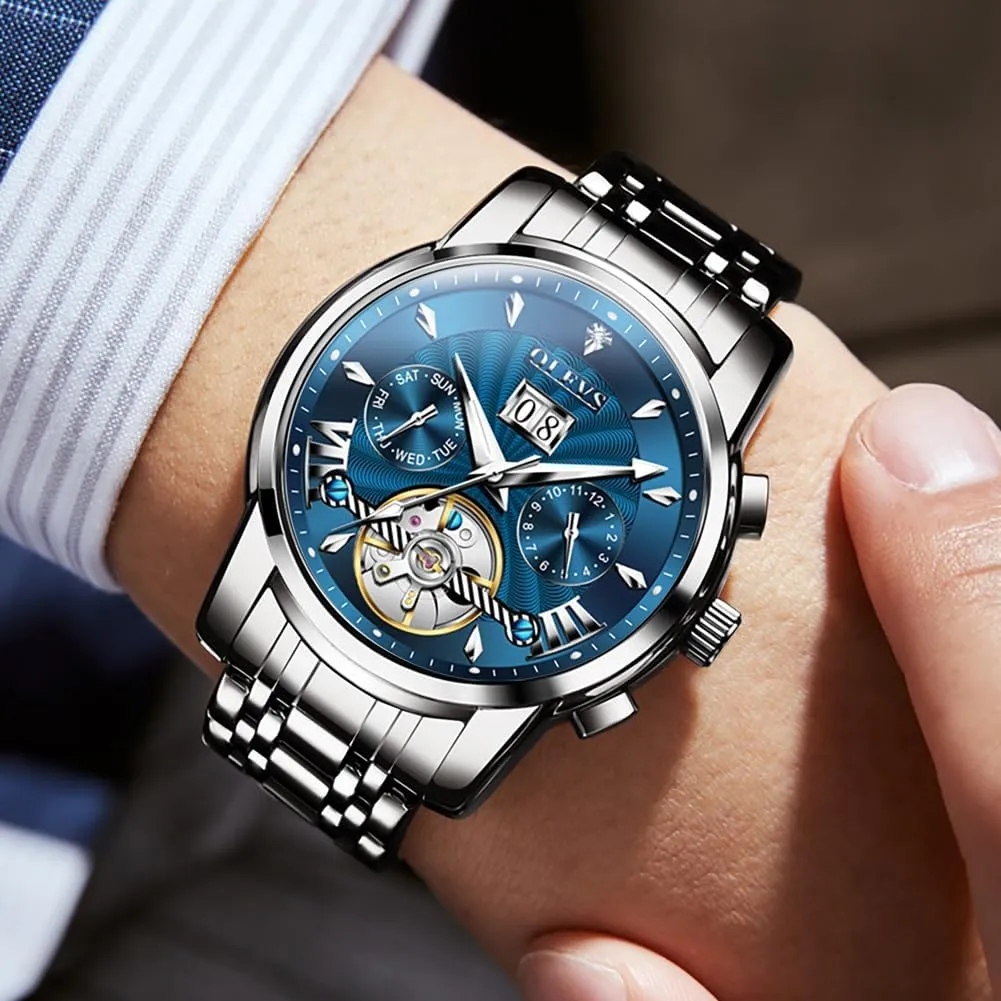 Automatic Self Winding Watches for Men Stainless Steel Mechanical Diver Large Dial Skeleton Classic Waterproof Diamond Date Men's Wrist Watches Relojes para Hombres original OLEVS Watch Men 