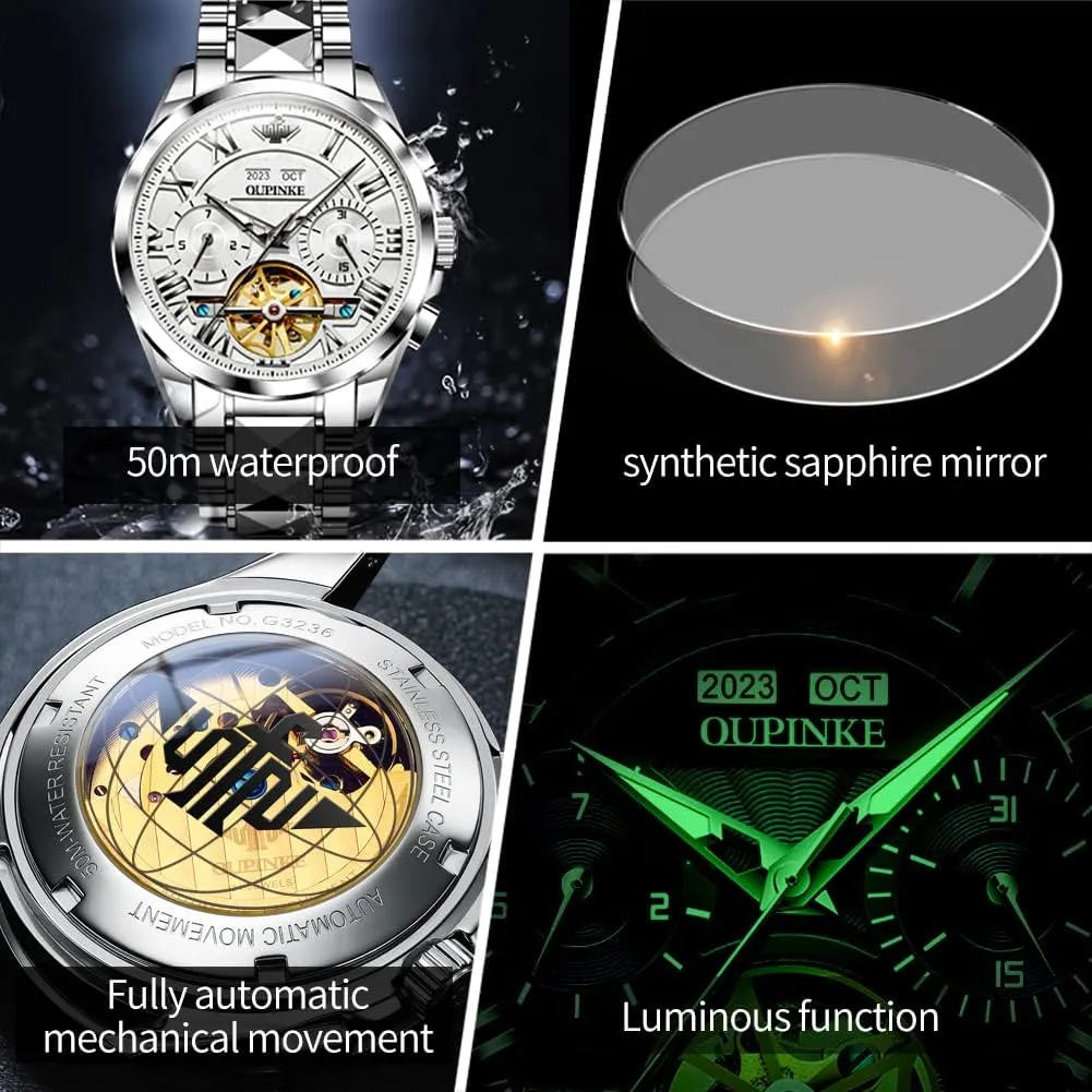 Automatic Skeleton Self Winding Dress Wrist WatchBusiness Waterproof fish possess gymnastic Luminous Tungsten�� OUPINKE Watches for Men 