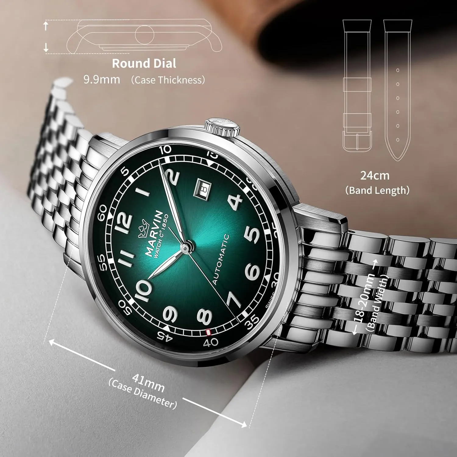 Automatic sophisticated gardening tent Movement Watches for Men Casual Men's Watch with Stainless Steel Strap,Sapphire Glass Dial,Luminous Hands and Hour Markers,50m Waterproof marvin Swiss 
