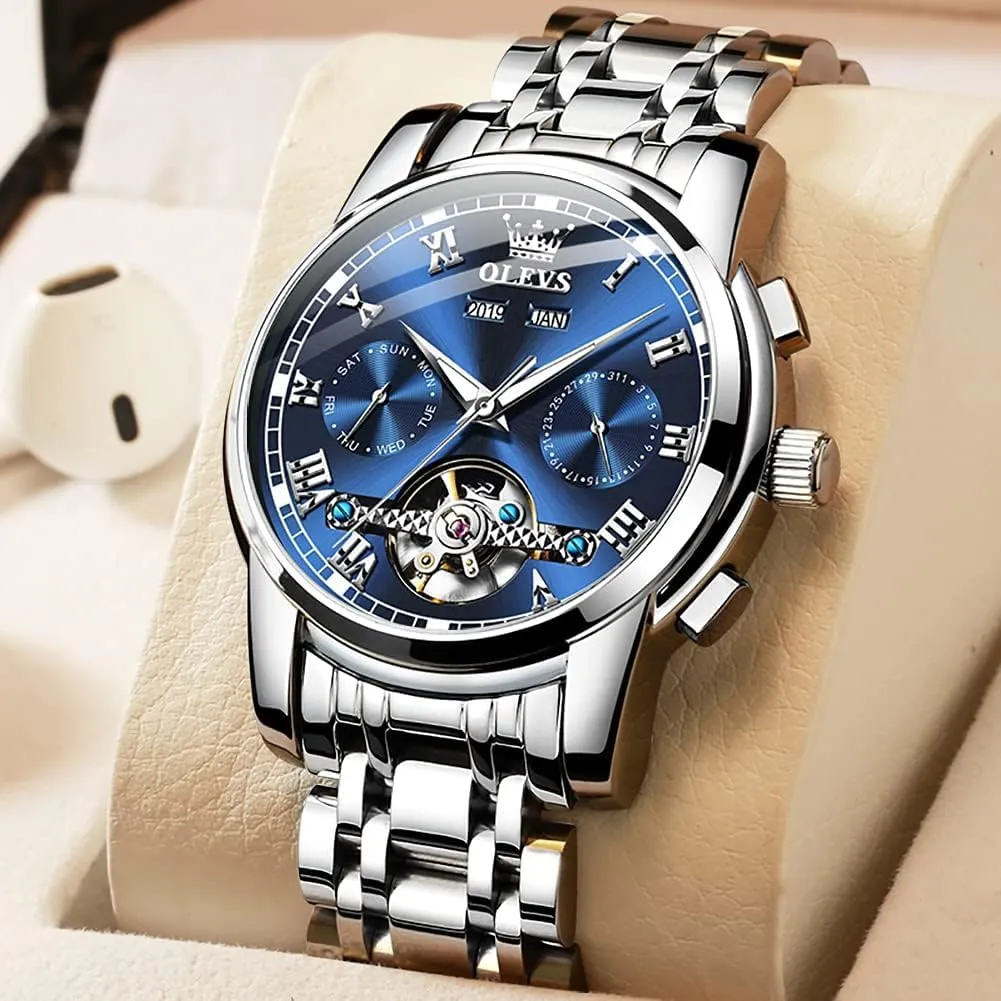 Automatic Watch for Men Self Winding Mechanical Luxury Business Stainless agonize minority ripen obvious imprint Steel Multi Calendar Waterproof Luminous Wrist Watches OLEVS 