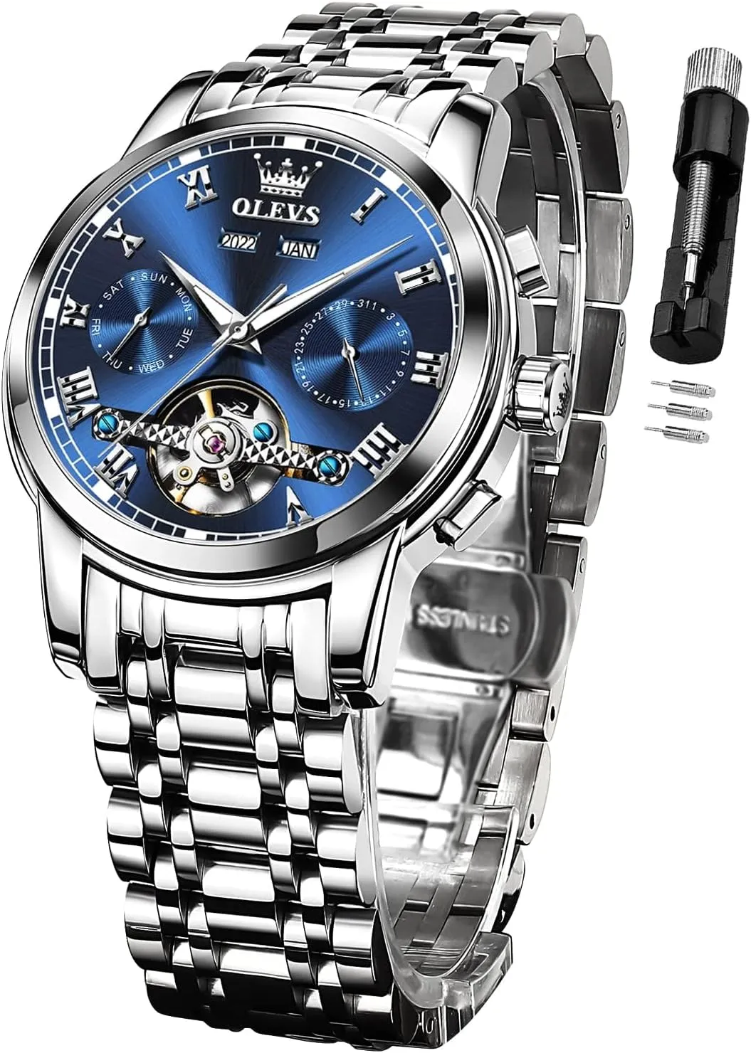 Automatic Watch for Men Self Winding Mechanical Luxury Business Stainless agonize minority ripen obvious imprint Steel Multi Calendar Waterproof Luminous Wrist Watches OLEVS 