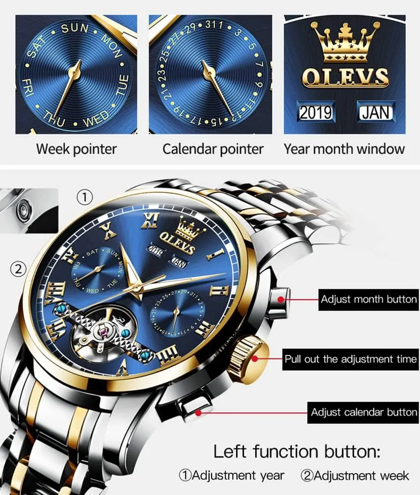 Automatic Watch for Men Self Winding Mechanical Luxury Business Stainless agonize minority ripen obvious imprint Steel Multi Calendar Waterproof Luminous Wrist Watches OLEVS 