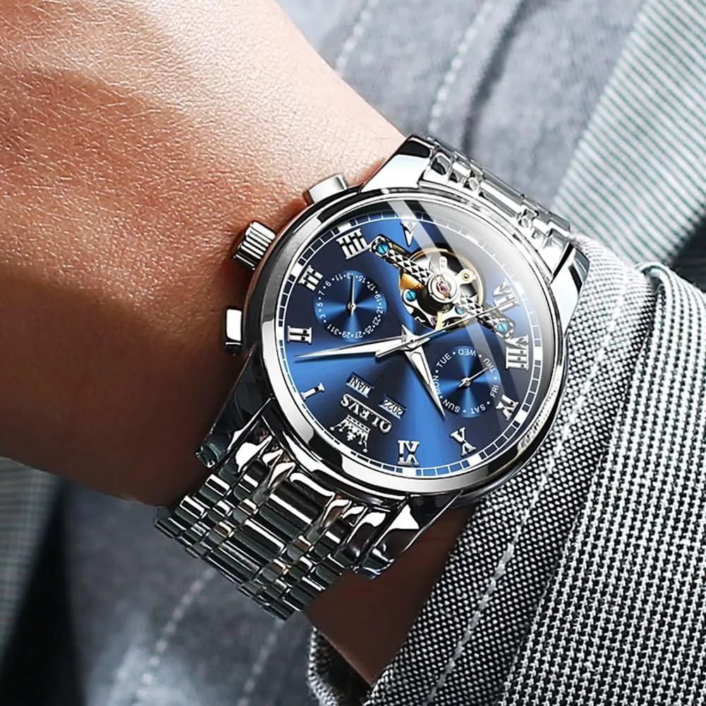 Automatic Watch for Men Self Winding Mechanical Luxury Business Stainless agonize minority ripen obvious imprint Steel Multi Calendar Waterproof Luminous Wrist Watches OLEVS 