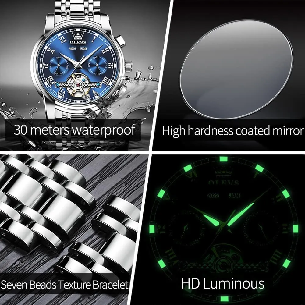 Automatic Watch for Men Self Winding Mechanical Luxury Business Stainless agonize minority ripen obvious imprint Steel Multi Calendar Waterproof Luminous Wrist Watches OLEVS 