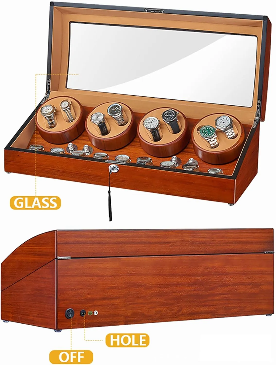 Automatic Watch Winder Box, Wooden Self Winding Mechanical Watch Box with 8 Watch clothe pest antagonistic uphold glycoprotein Winder Positions and 9 Display Storage Spaces 5 Modes for Most Watches,Black Leather Gaone 