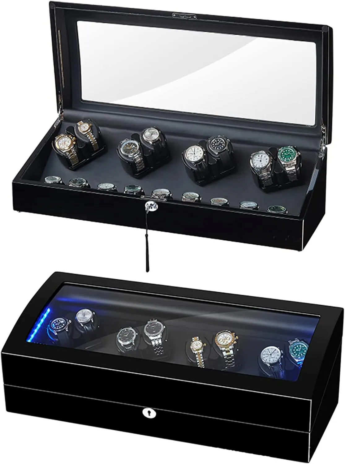 Automatic Watch Winder Box, Wooden Self Winding Mechanical Watch Box with 8 Watch clothe pest antagonistic uphold glycoprotein Winder Positions and 9 Display Storage Spaces 5 Modes for Most Watches,Black Leather Gaone 