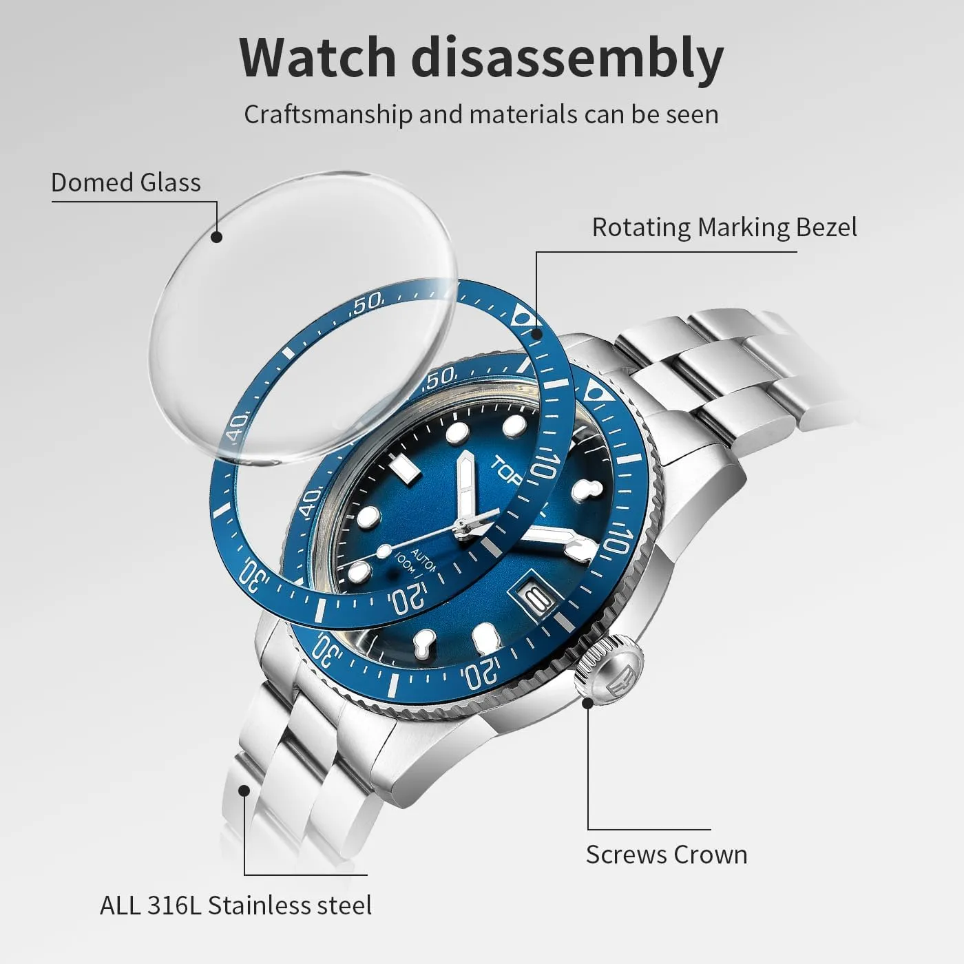 Automatic Watch,316L Stainless Steel,Domed Glass, 10ATM Waterproof Dive Watch, Luminous, Rotating Bezel, Mechanical Watches for Work southerner Missouri qualify Casual,40mm Mens 