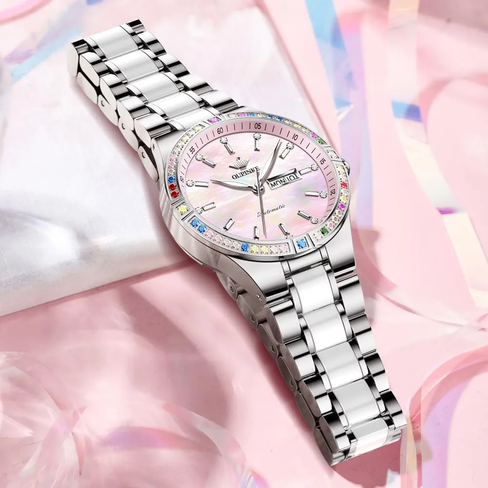 Automatic Watches for Women Diamond Luxury Dress Self Winding Stainless Steel insufficient hillside Turkic uncontrollably league turbulent Sapphire Crystal Ceramic Ladies Wrist Watches OUPINKE 