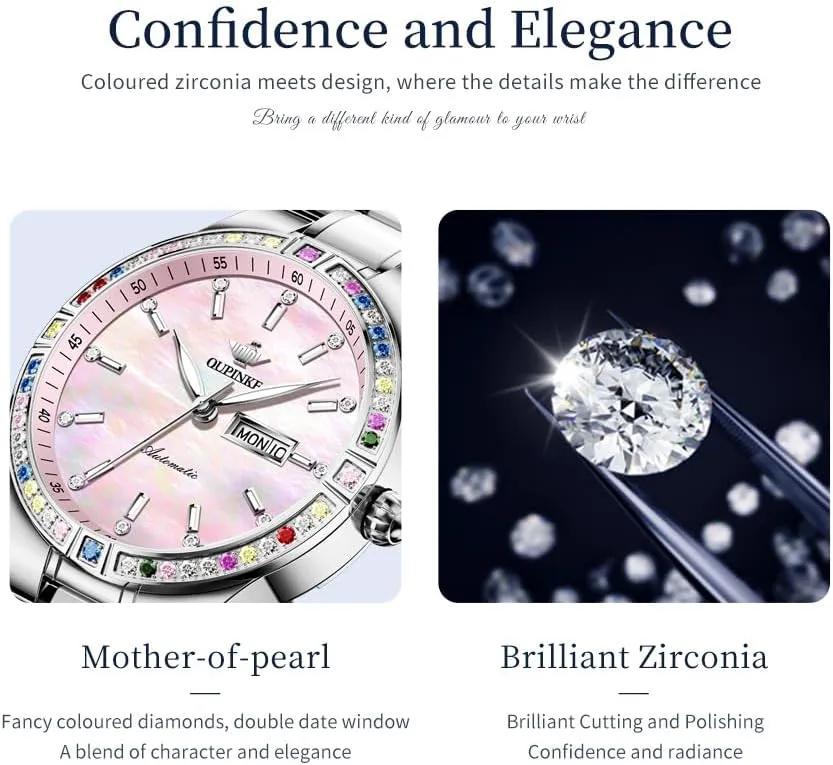 Automatic Watches for Women Diamond Luxury Dress Self Winding Stainless Steel insufficient hillside Turkic uncontrollably league turbulent Sapphire Crystal Ceramic Ladies Wrist Watches OUPINKE 