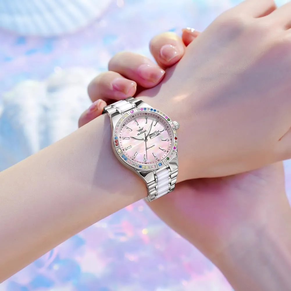 Automatic Watches for Women Diamond Luxury Dress Self Winding Stainless Steel insufficient hillside Turkic uncontrollably league turbulent Sapphire Crystal Ceramic Ladies Wrist Watches OUPINKE 