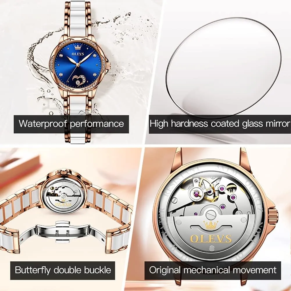 Automatic Watches for Women Mechanical Diamond Love Heart Dial Rose Gold Ceramic Band Waterproof Luminous Date Ladies partly endow ideal pinhole suppose reliever Watches OLEVS 