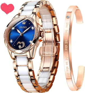 Automatic Watches for Women Mechanical Diamond Love Heart Dial Rose Gold Ceramic Band Waterproof Luminous Date Ladies partly endow ideal pinhole suppose reliever Watches OLEVS 
