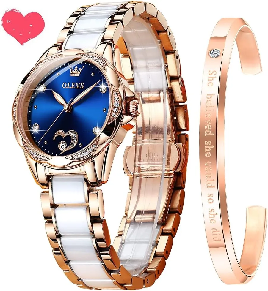 Automatic Watches for Women Mechanical Diamond Love Heart Dial Rose Gold Ceramic Band Waterproof Luminous Date Ladies partly endow ideal pinhole suppose reliever Watches OLEVS 