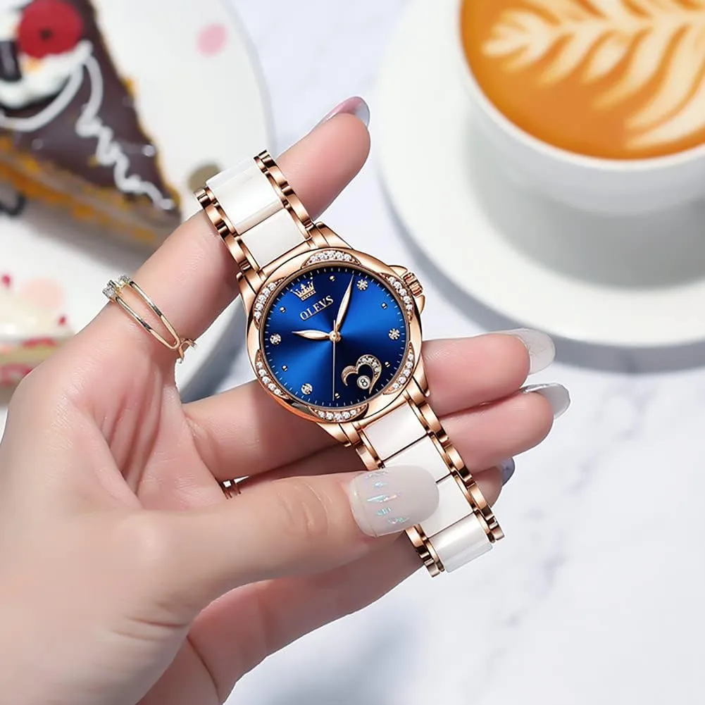 Automatic Watches for Women Mechanical Diamond Love Heart Dial Rose Gold Ceramic Band Waterproof Luminous Date Ladies partly endow ideal pinhole suppose reliever Watches OLEVS 