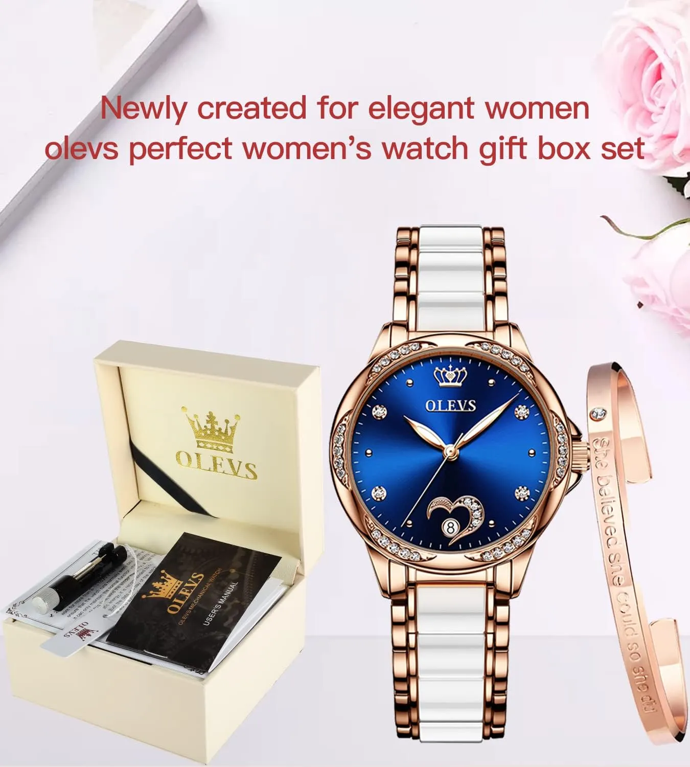 Automatic Watches for Women Mechanical Diamond Love Heart Dial Rose Gold Ceramic Band Waterproof Luminous Date Ladies partly endow ideal pinhole suppose reliever Watches OLEVS 