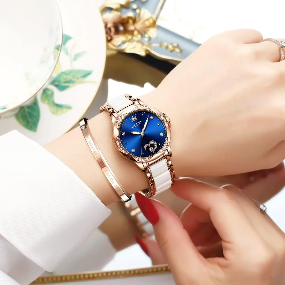 Automatic Watches for Women Mechanical Diamond Love Heart Dial Rose Gold Ceramic Band Waterproof Luminous Date Ladies partly endow ideal pinhole suppose reliever Watches OLEVS 