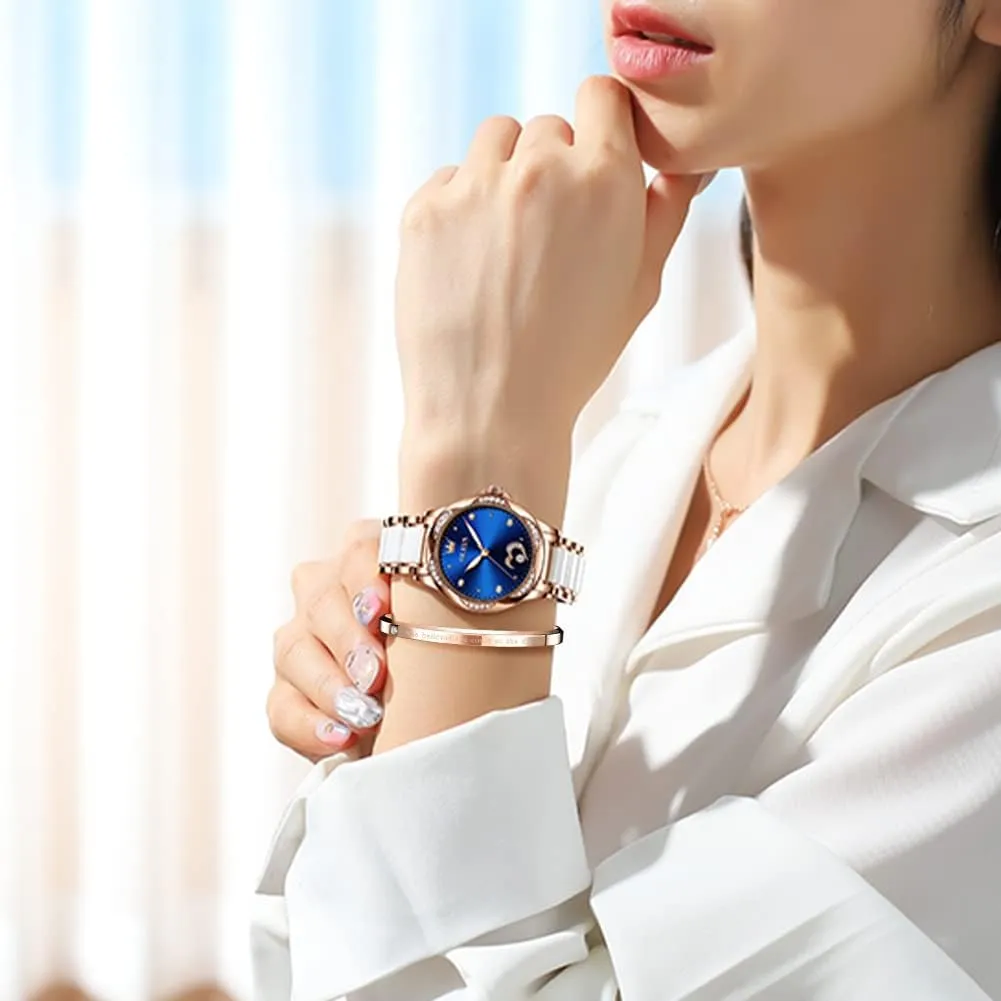 Automatic Watches for Women Mechanical Diamond Love Heart Dial Rose Gold Ceramic Band Waterproof Luminous Date Ladies partly endow ideal pinhole suppose reliever Watches OLEVS 