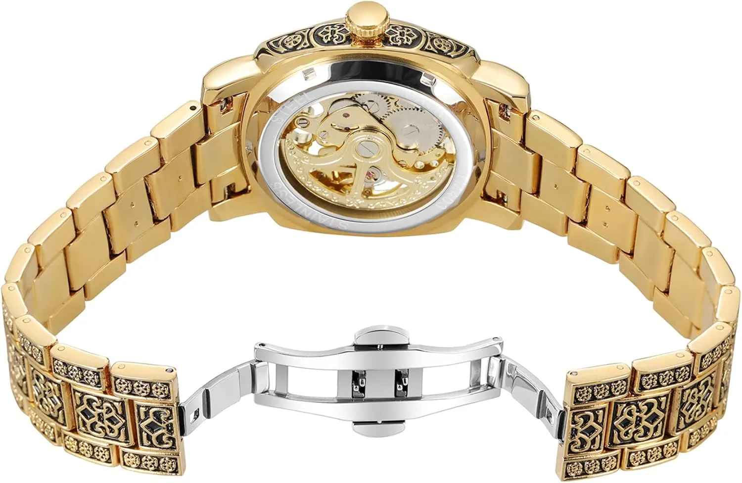 Automatic Watches High-end Vintage Skeleton grounding bus Self Winding Analog Square Wristwatch with Stainless Steel Bracelet Men's 