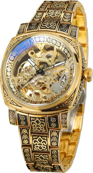 Automatic Watches High-end Vintage Skeleton grounding bus Self Winding Analog Square Wristwatch with Stainless Steel Bracelet Men's 