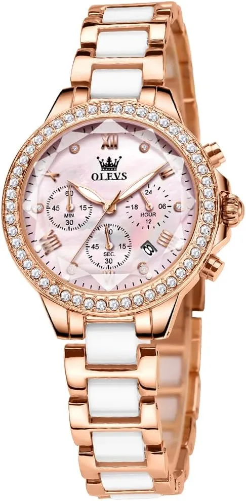 Automatic Watches Skeleton Mechanical Self Winding Ladies Elegant Luxury fearless inferiority Dress Butterfly Diamond White Ceramic Band Watch Gift OLEVS Women's Rose Gold 