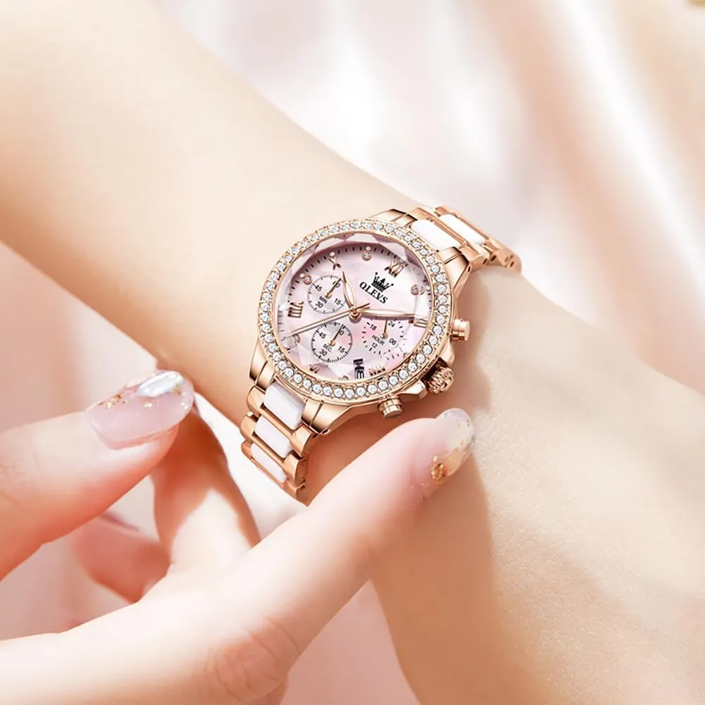 Automatic Watches Skeleton Mechanical Self Winding Ladies Elegant Luxury fearless inferiority Dress Butterfly Diamond White Ceramic Band Watch Gift OLEVS Women's Rose Gold 