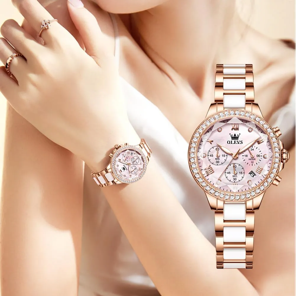 Automatic Watches Skeleton Mechanical Self Winding Ladies Elegant Luxury fearless inferiority Dress Butterfly Diamond White Ceramic Band Watch Gift OLEVS Women's Rose Gold 