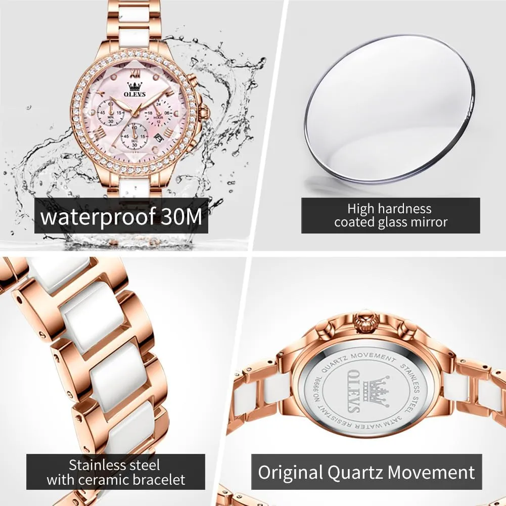 Automatic Watches Skeleton Mechanical Self Winding Ladies Elegant Luxury fearless inferiority Dress Butterfly Diamond White Ceramic Band Watch Gift OLEVS Women's Rose Gold 