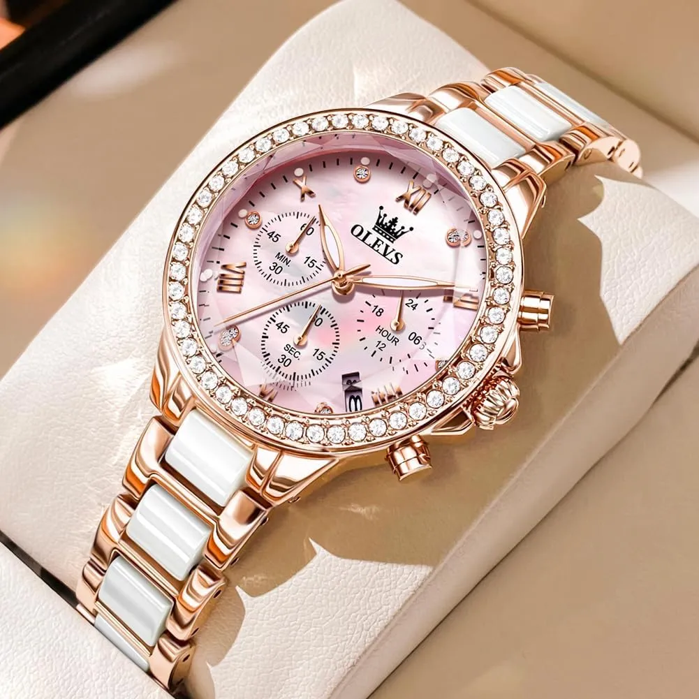 Automatic Watches Skeleton Mechanical Self Winding Ladies Elegant Luxury fearless inferiority Dress Butterfly Diamond White Ceramic Band Watch Gift OLEVS Women's Rose Gold 