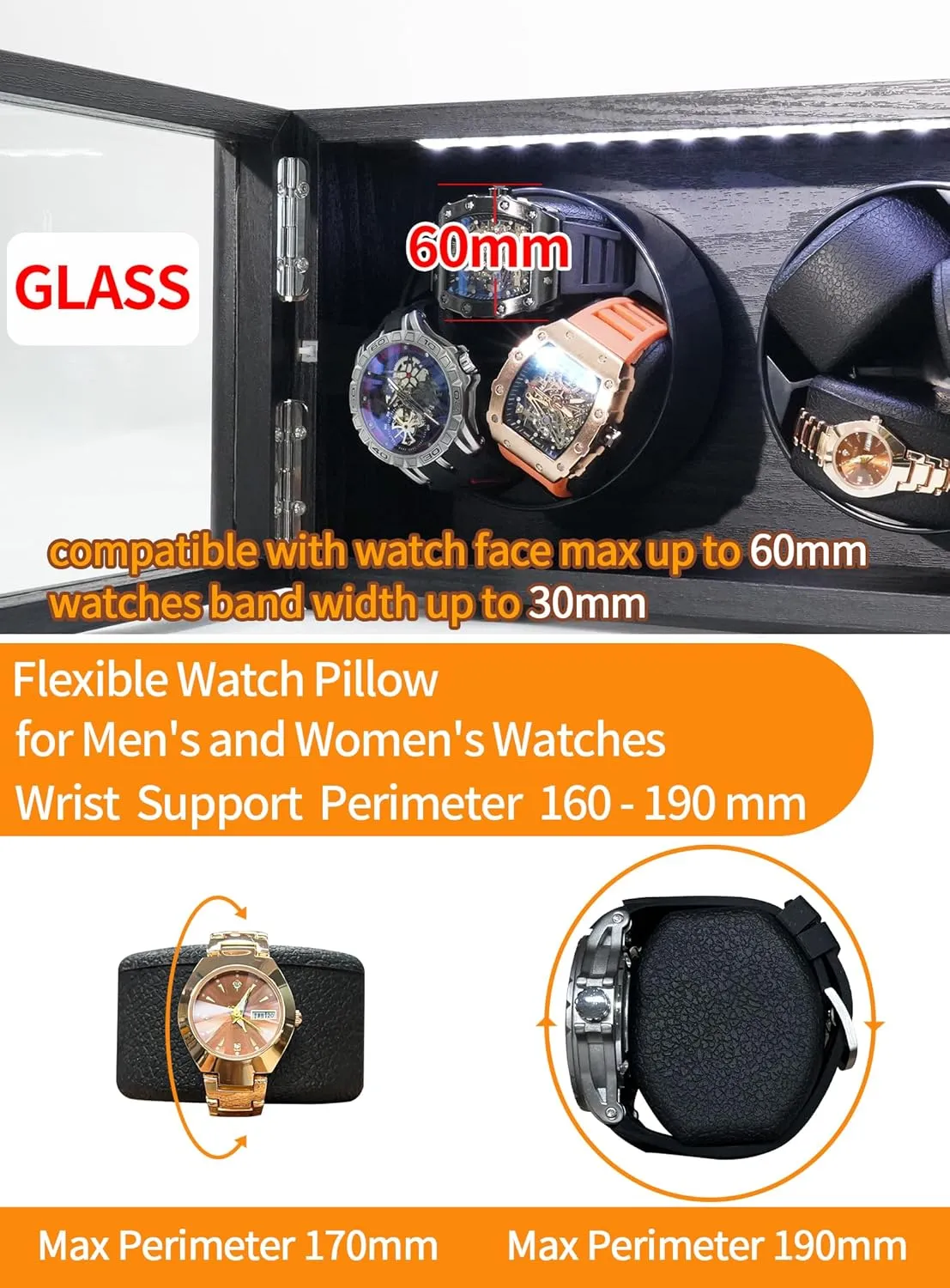 Automatic Watches Watch Rotator for Rolex 4 Rotation Modes Built-in Light, Watches Winder carbohydrate cross conjure Box with Adapter Present for Man Quiet Mabuchi Motor Watch Winder for 2/3/6 
