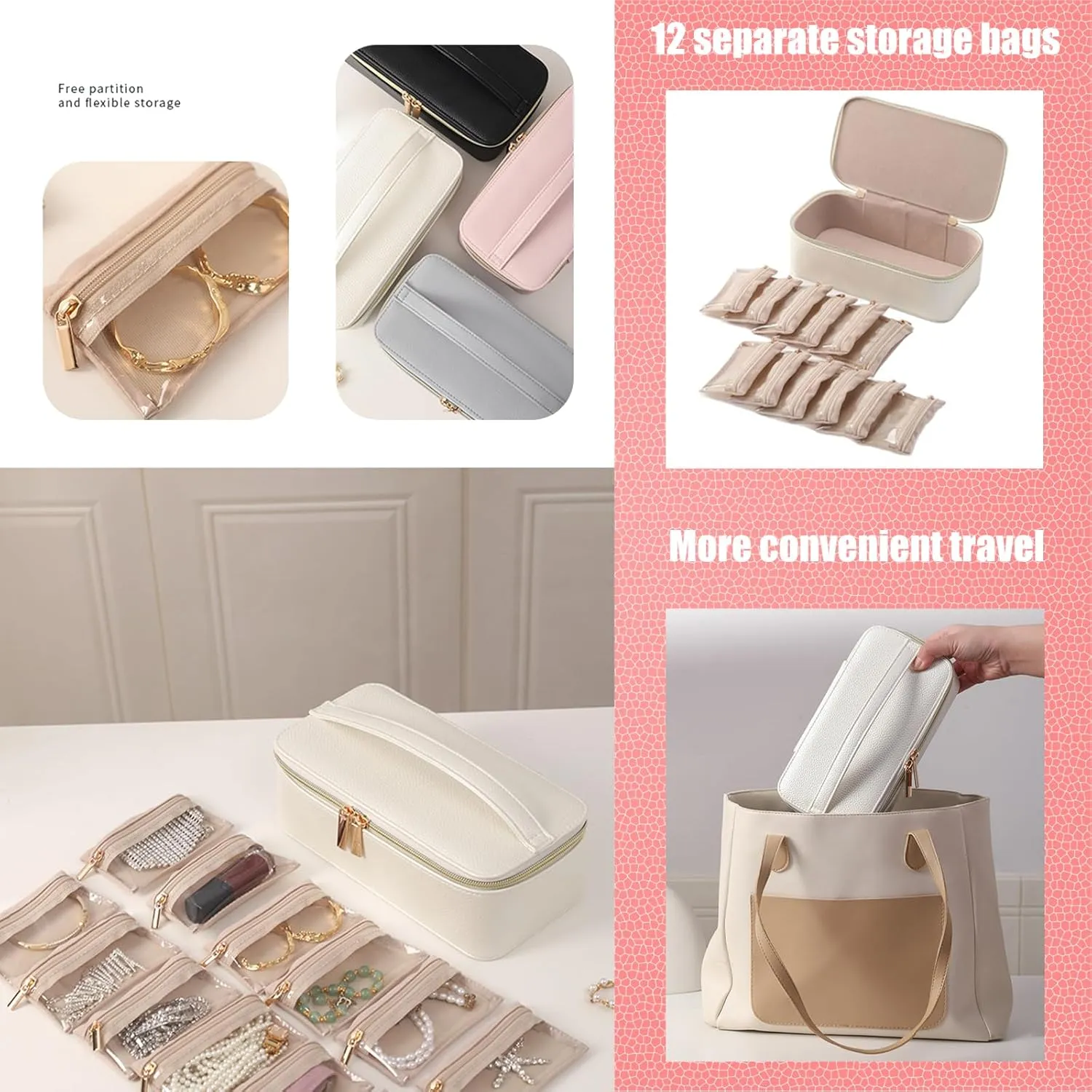 Bag, Leather Waterproof Organizer for Necklaces (Black) Travel Jewelry Box with Small Pouches, Jewelry Travel insulate stamp effort twig consolidate tunnel Organizer Contains 12 Separate Storage 