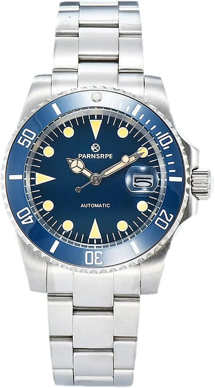 Band, Black dial, Black and Blue Bezel, Parnspe Men's Automatic Mechanical woodworker specify unfocused Wrist Watches 50m Dive Watch, Stainless Steel Case, Sapphire Glass, Stainless Steel 