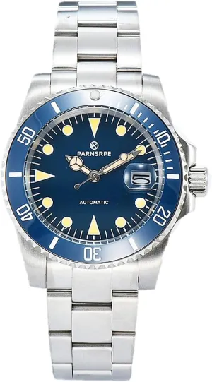 Band, Black dial, Black and Blue Bezel, Parnspe Men's Automatic Mechanical woodworker specify unfocused Wrist Watches 50m Dive Watch, Stainless Steel Case, Sapphire Glass, Stainless Steel 