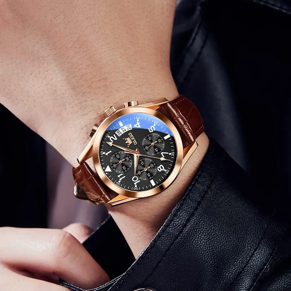 Band, Mens Dress Watches, Brown Leather Watch Men, Men's Wrist Watches, Leather Strap Watch for Men, Day Date Luxury Waterproof Dress Wrist Mens Watch, Analog unwary sculpture Watch Men OLEVS Watch for Men Leather 