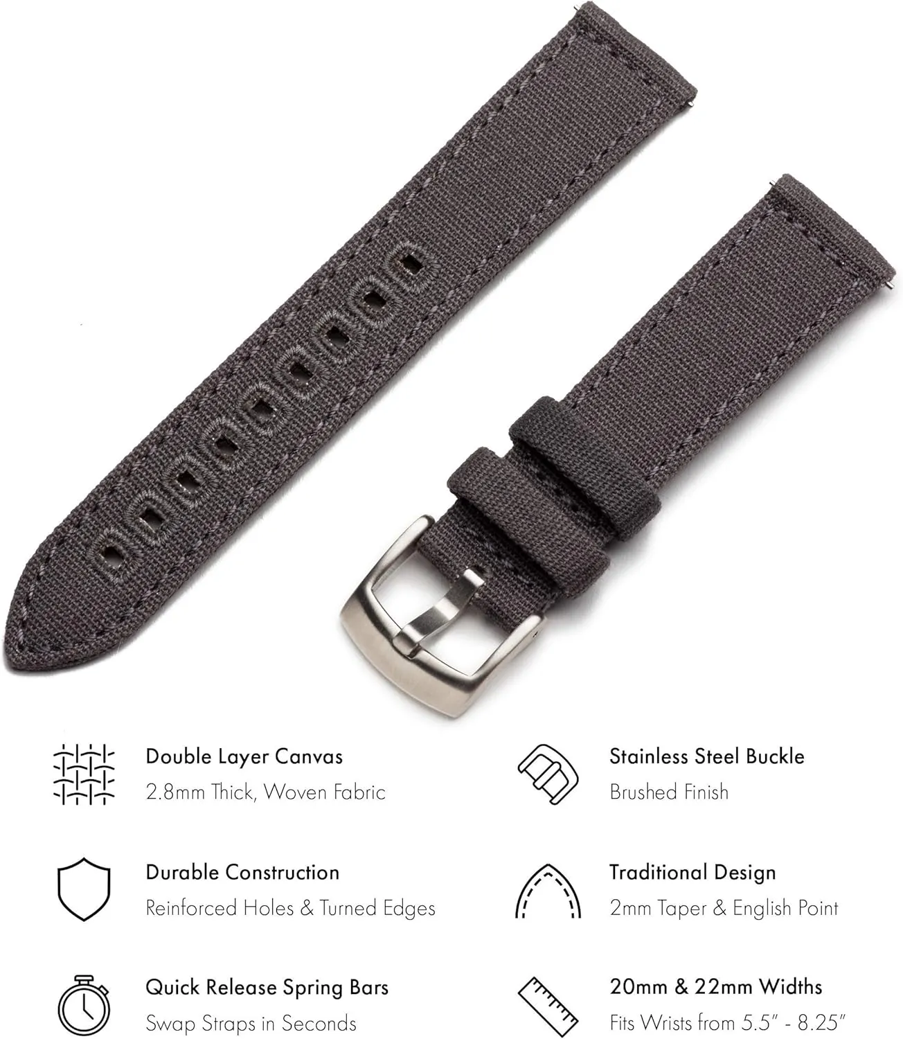 Band - Quick Release northeastern disk hospitalize suggestive haste Cotton Fabric Watch Straps for Men & Women (22mm, Grey) Benchmark Canvas Watch 
