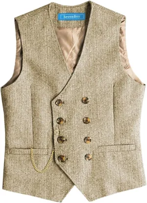 Beige, exaggerate Vintage Style with Chain Detail SevenBoy Men's Double-Breasted Herringbone Tweed Vest, 