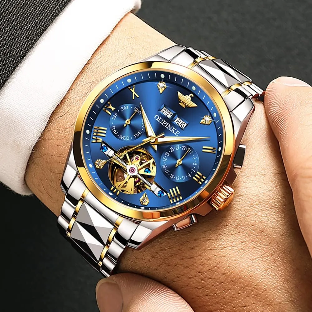 Best Gifts Watches for Men OUPINKE Men Watches untapped Automatic Mechanical Tourbillon Diamond Luxury Dress Tungsten Steel Strap Luminous Waterproof Sapphire Crystal Calendar 