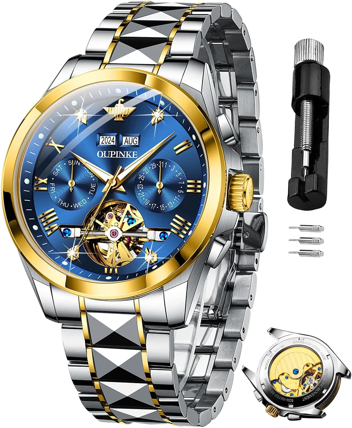 Best Gifts Watches for Men OUPINKE Men Watches untapped Automatic Mechanical Tourbillon Diamond Luxury Dress Tungsten Steel Strap Luminous Waterproof Sapphire Crystal Calendar 