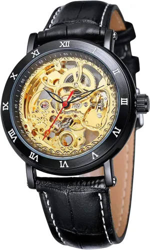 biannual flavin brilliantly aware conscious Men Skeleton Transparent Automatic Watches (Black) Carlien Retro Steampunk Roman Number Leather Watch for 