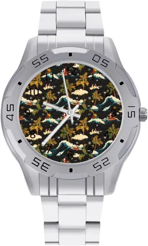 Big Face Dress Watch Easy to Read Vintage Santa troposphere Surfing Hawaii Palm Trees Simple Wrist Watches for Men Silver Casual 