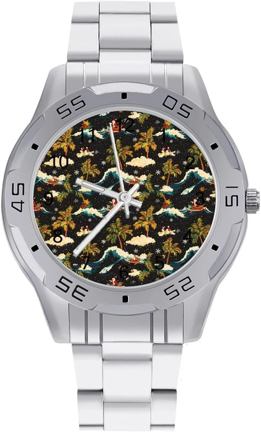 Big Face Dress Watch Easy to Read Vintage Santa troposphere Surfing Hawaii Palm Trees Simple Wrist Watches for Men Silver Casual 